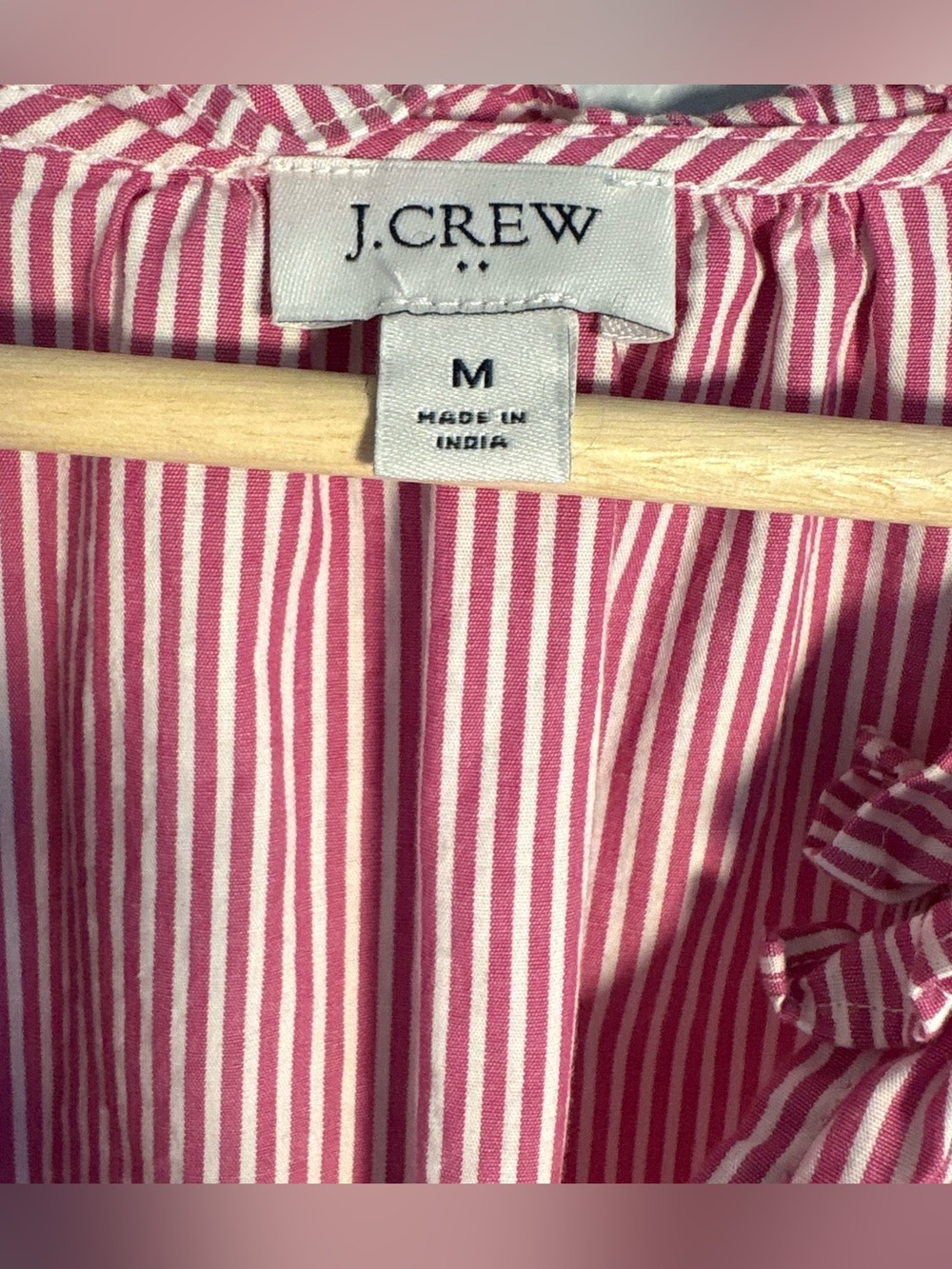 J.Crew Raspberry red and white Striped Ruffle Neck Blouse-size Medium - Picture 3 of 10